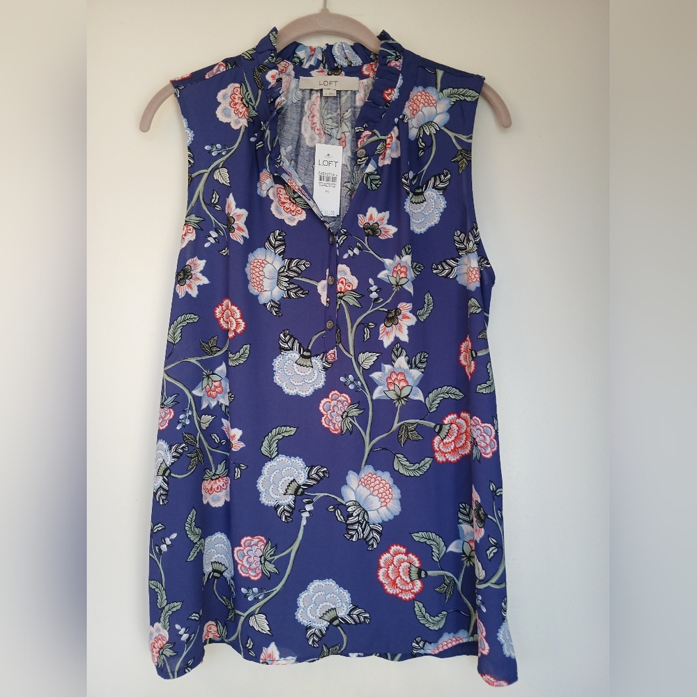 LOFT Sleeveless Floral Blouse High Ruffle Neck Indigo Blue and Red Size Medium